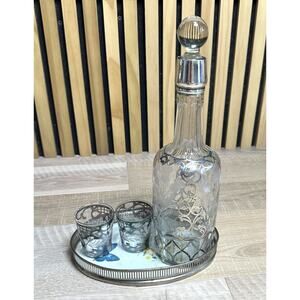 Vintage Art Nouveau Sterling Overlay Wheat Engraved Liquor Bottle w/2 Shot Glass